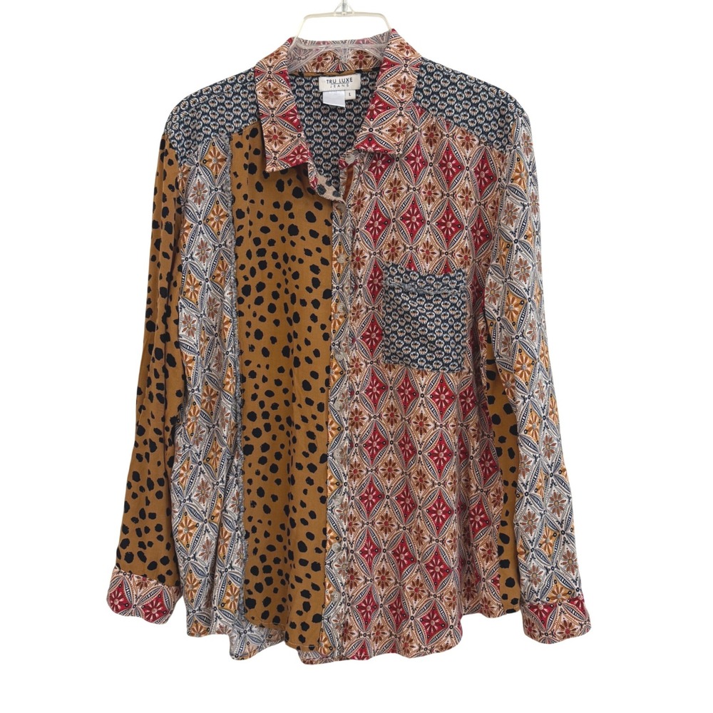 Tru Luxe Jeans Mixed Print Patchwork Button Down Shirt Womens L Leopard Exlectic